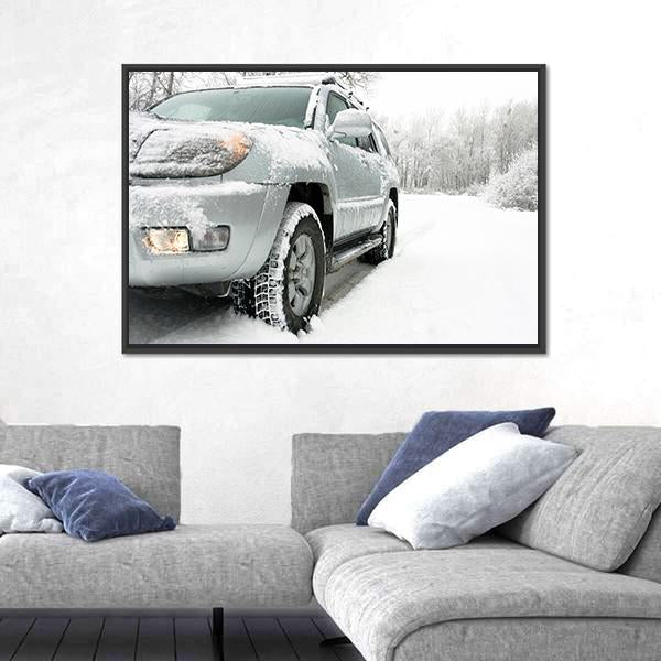 Snowy Winter Car and Road Behind An Unrecognizable Car Canvas Wall Art-3 Horizontal-Gallery Wrap-25" x 16"-Tiaracle