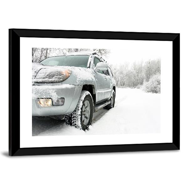 Snowy Winter Car and Road Behind An Unrecognizable Car Canvas Wall Art-3 Horizontal-Gallery Wrap-25" x 16"-Tiaracle