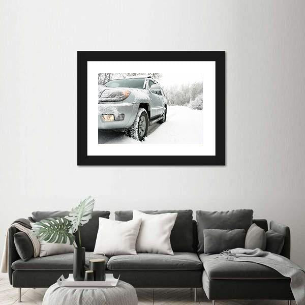 Snowy Winter Car and Road Behind An Unrecognizable Car Canvas Wall Art-3 Horizontal-Gallery Wrap-25" x 16"-Tiaracle