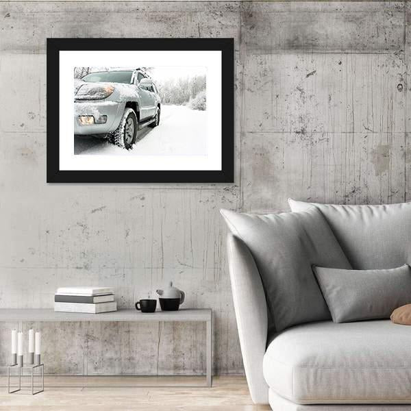 Snowy Winter Car and Road Behind An Unrecognizable Car Canvas Wall Art-3 Horizontal-Gallery Wrap-25" x 16"-Tiaracle