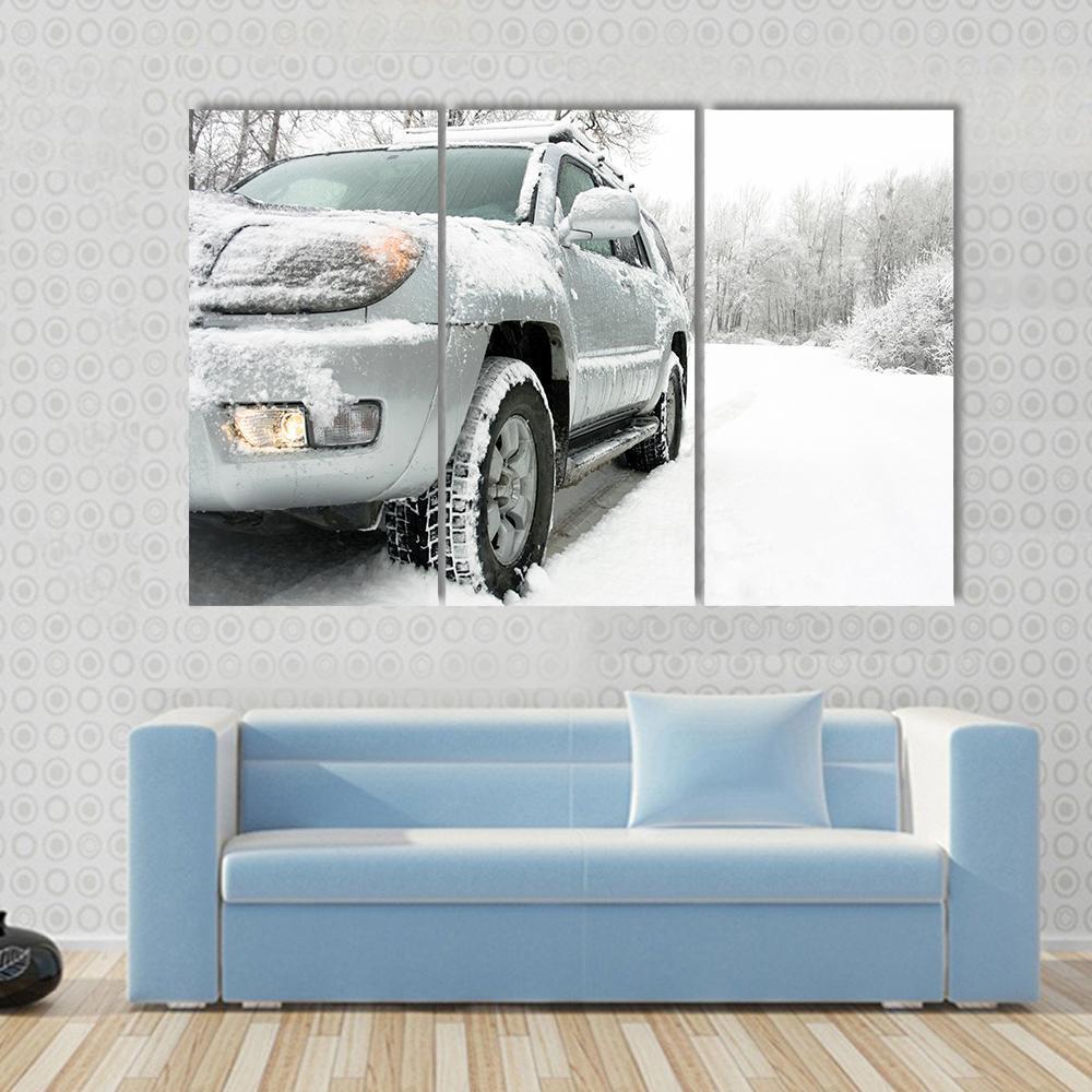 Snowy Winter Car and Road Behind An Unrecognizable Car Canvas Wall Art-3 Horizontal-Gallery Wrap-37" x 24"-Tiaracle