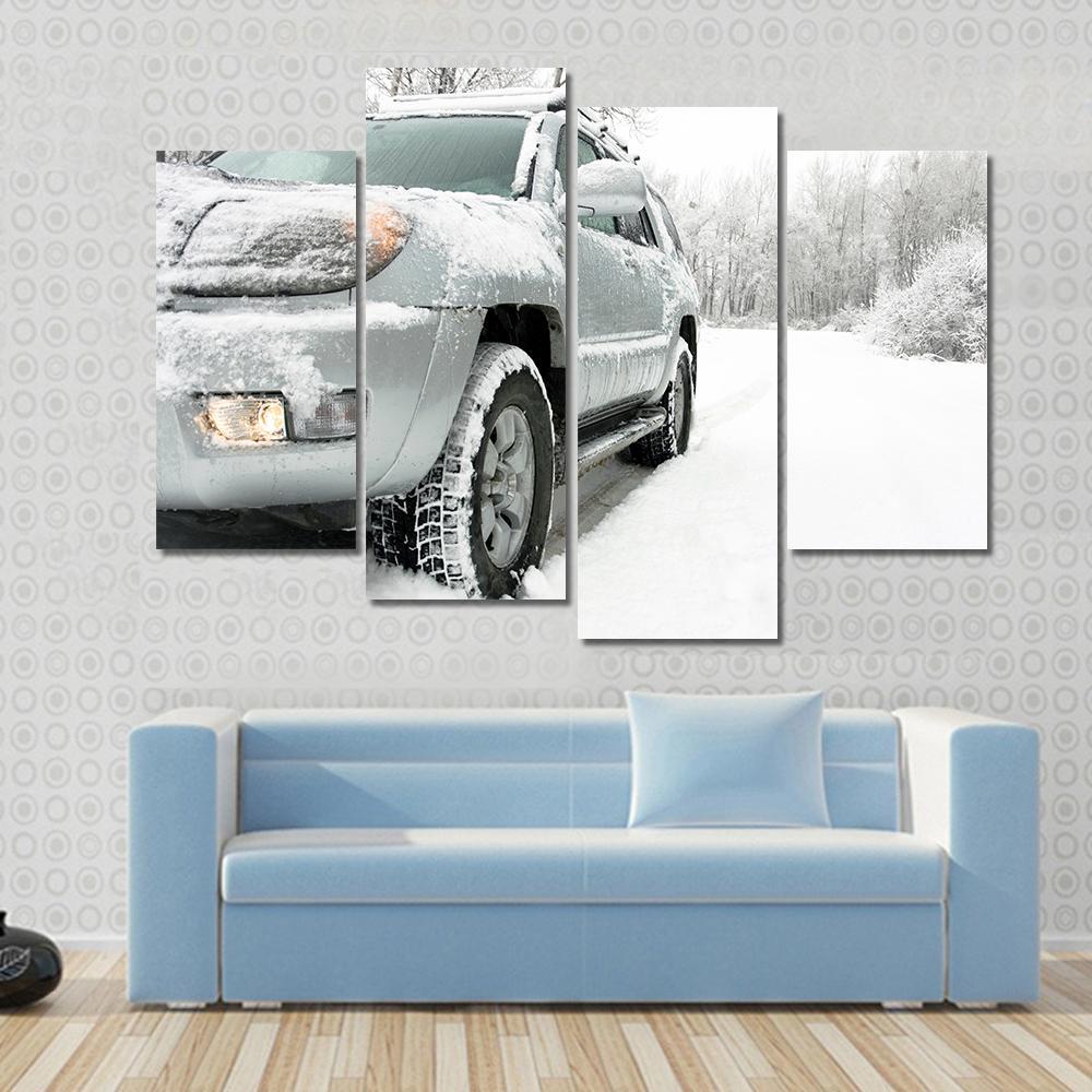 Snowy Winter Car and Road Behind An Unrecognizable Car Canvas Wall Art-4 Pop-Gallery Wrap-50" x 32"-Tiaracle