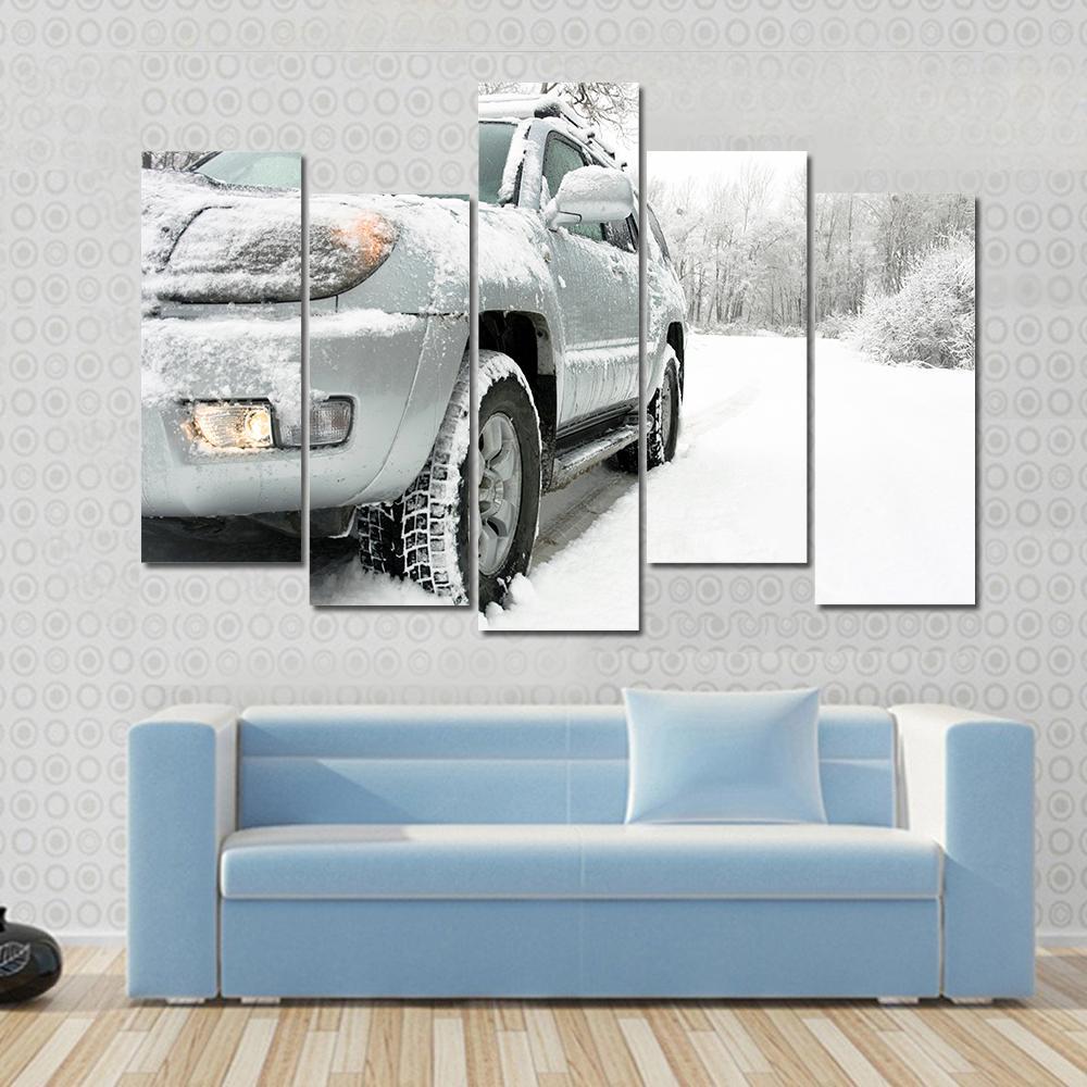 Snowy Winter Car and Road Behind An Unrecognizable Car Canvas Wall Art-5 Pop-Gallery Wrap-47" x 32"-Tiaracle