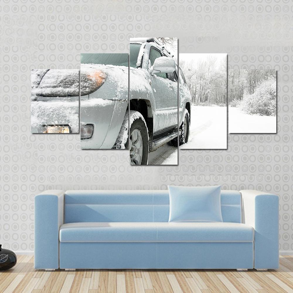 Snowy Winter Car and Road Behind An Unrecognizable Car Canvas Wall Art-5 Pop-Gallery Wrap-47" x 32"-Tiaracle