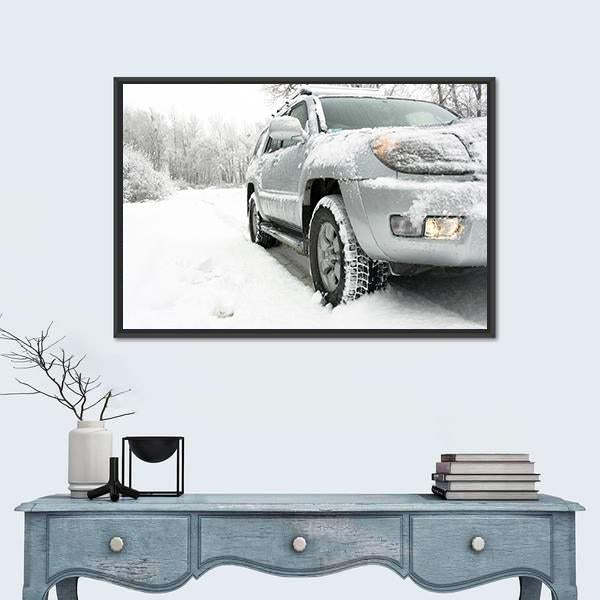 Snowy winter road behind an unrecognizable car Canvas Wall Art-1 Piece-Floating Frame-24" x 16"-Tiaracle