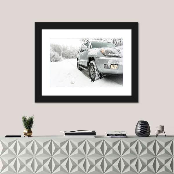 Snowy winter road behind an unrecognizable car Canvas Wall Art-1 Piece-Framed Print-20" x 16"-Tiaracle
