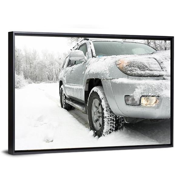 Snowy winter road behind an unrecognizable car Canvas Wall Art-3 Horizontal-Gallery Wrap-25" x 16"-Tiaracle