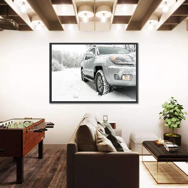 Snowy winter road behind an unrecognizable car Canvas Wall Art-3 Horizontal-Gallery Wrap-25" x 16"-Tiaracle