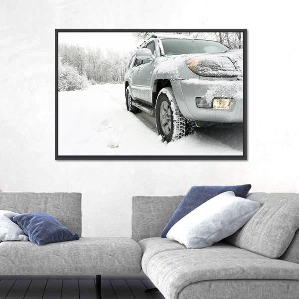 Snowy winter road behind an unrecognizable car Canvas Wall Art-3 Horizontal-Gallery Wrap-25" x 16"-Tiaracle