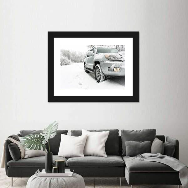 Snowy winter road behind an unrecognizable car Canvas Wall Art-3 Horizontal-Gallery Wrap-25" x 16"-Tiaracle