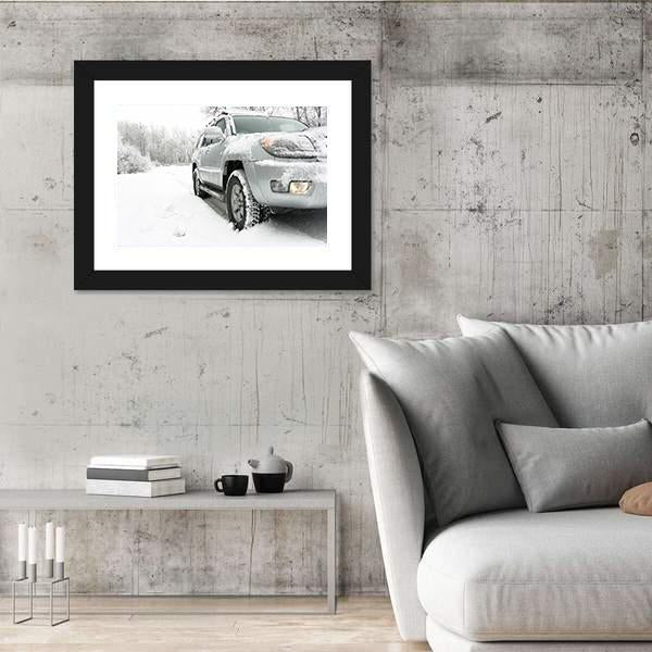 Snowy winter road behind an unrecognizable car Canvas Wall Art-3 Horizontal-Gallery Wrap-25" x 16"-Tiaracle