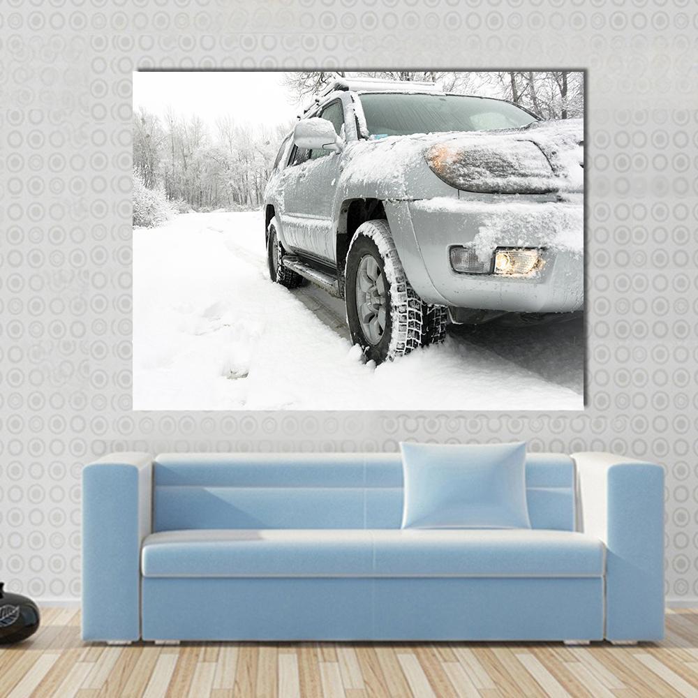 Snowy winter road behind an unrecognizable car Canvas Wall Art-1 Piece-Gallery Wrap-48" x 32"-Tiaracle