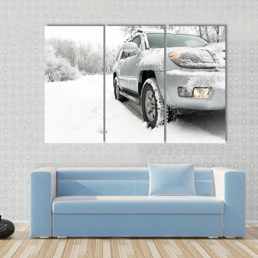 Snowy winter road behind an unrecognizable car Canvas Wall Art-3 Horizontal-Gallery Wrap-37" x 24"-Tiaracle
