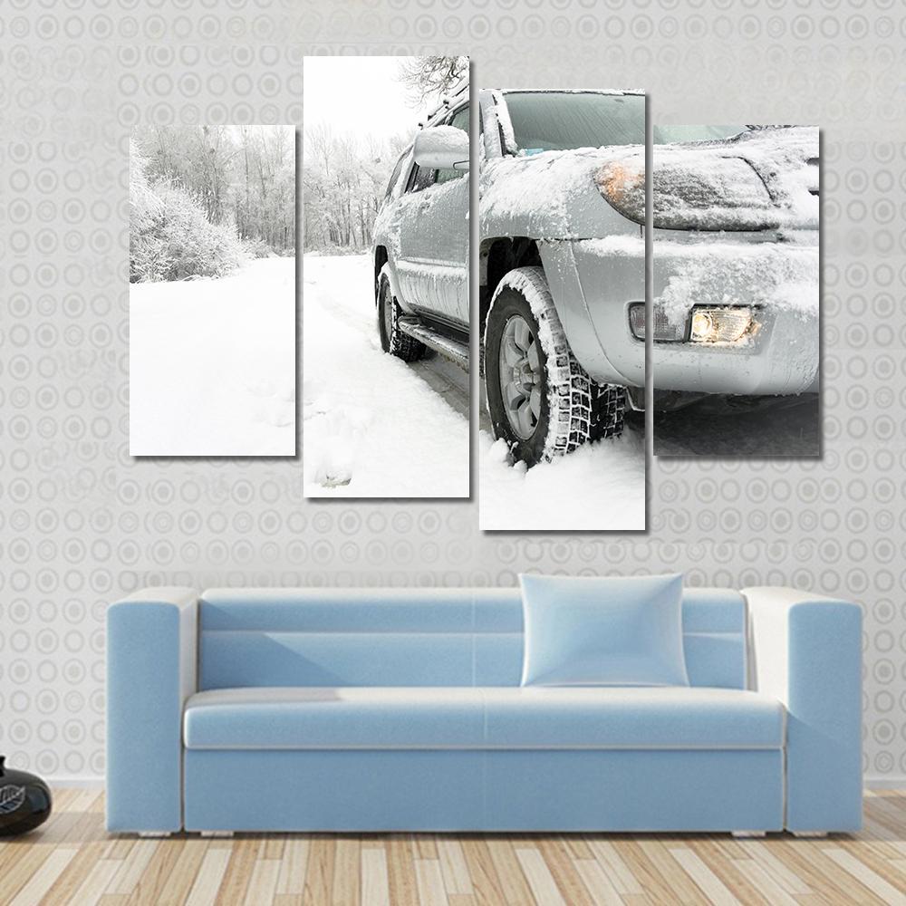 Snowy winter road behind an unrecognizable car Canvas Wall Art-4 Pop-Gallery Wrap-50" x 32"-Tiaracle