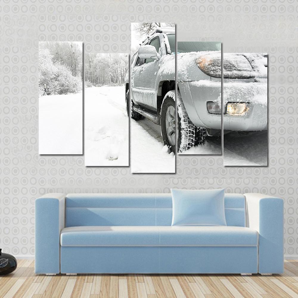 Snowy winter road behind an unrecognizable car Canvas Wall Art-5 Pop-Gallery Wrap-47" x 32"-Tiaracle