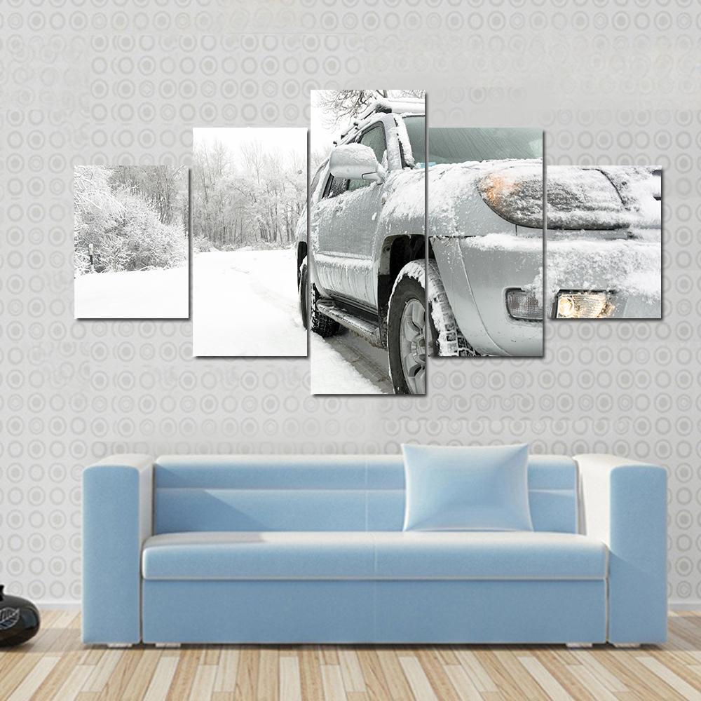 Snowy winter road behind an unrecognizable car Canvas Wall Art-1 Piece-Gallery Wrap-48" x 32"-Tiaracle