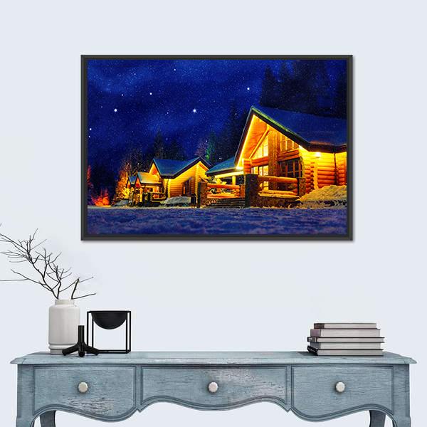 Snowy Winter Scene Of A Cabin In Distance At Night Canvas Wall Art-1 Piece-Floating Frame-24" x 16"-Tiaracle