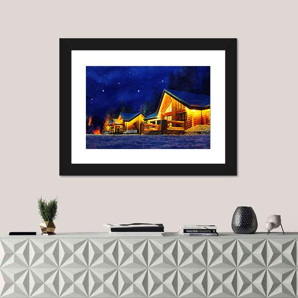 Snowy Winter Scene Of A Cabin In Distance At Night Canvas Wall Art-1 Piece-Framed Print-20" x 16"-Tiaracle
