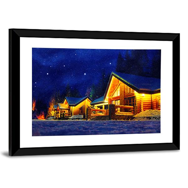 Snowy Winter Scene Of A Cabin In Distance At Night Canvas Wall Art-3 Horizontal-Gallery Wrap-25" x 16"-Tiaracle
