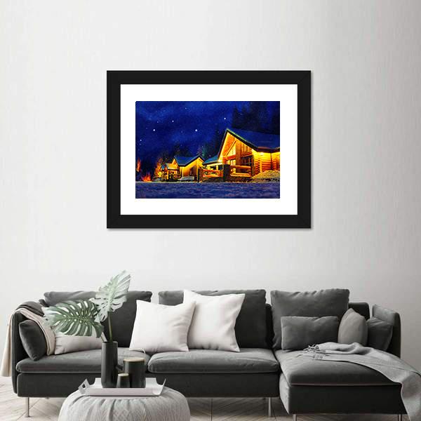 Snowy Winter Scene Of A Cabin In Distance At Night Canvas Wall Art-3 Horizontal-Gallery Wrap-25" x 16"-Tiaracle