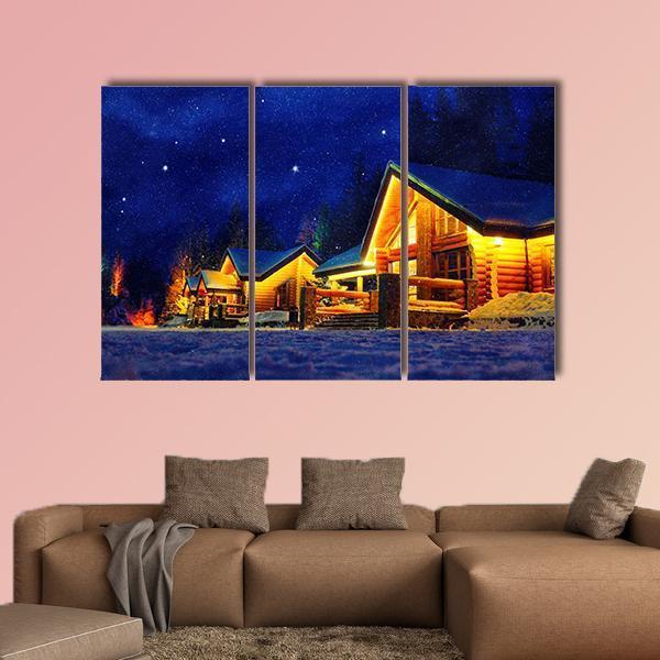 Snowy Winter Scene Of A Cabin In Distance At Night Canvas Wall Art-3 Horizontal-Gallery Wrap-37" x 24"-Tiaracle