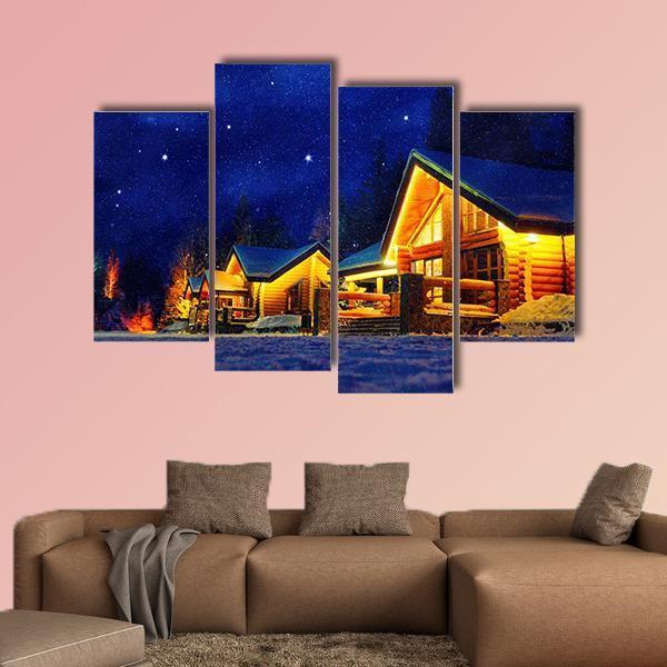 Snowy Winter Scene Of A Cabin In Distance At Night Canvas Wall Art-4 Pop-Gallery Wrap-50" x 32"-Tiaracle