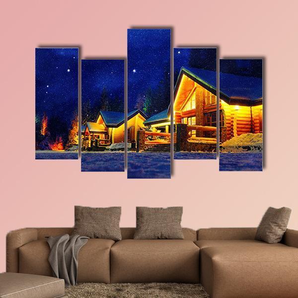 Snowy Winter Scene Of A Cabin In Distance At Night Canvas Wall Art-5 Pop-Gallery Wrap-47" x 32"-Tiaracle