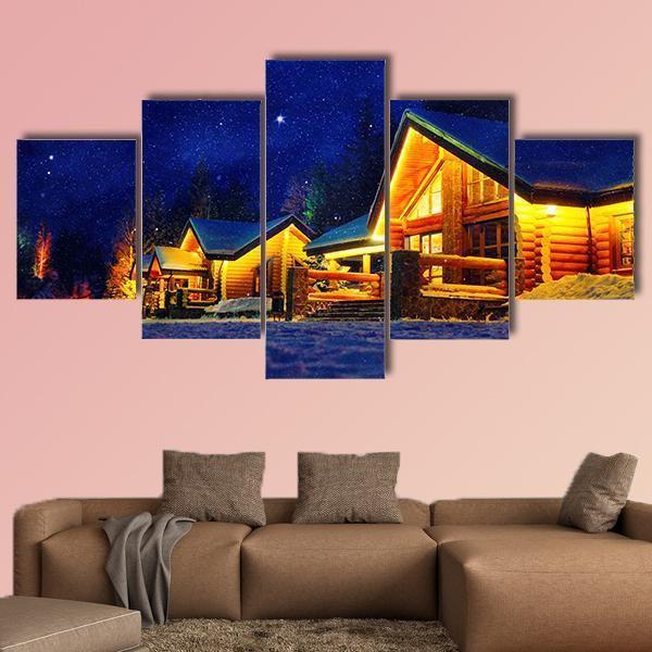 Snowy Winter Scene Of A Cabin In Distance At Night Canvas Wall Art-5 Star-Gallery Wrap-62" x 32"-Tiaracle