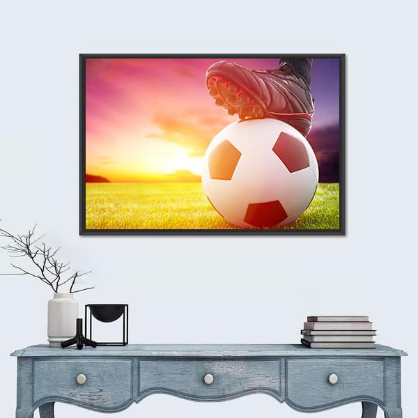 Soccer Ball At The Kickoff Of A Game With Sunset Canvas Wall Art-1 Piece-Floating Frame-24&quot; x 16&quot;-Tiaracle