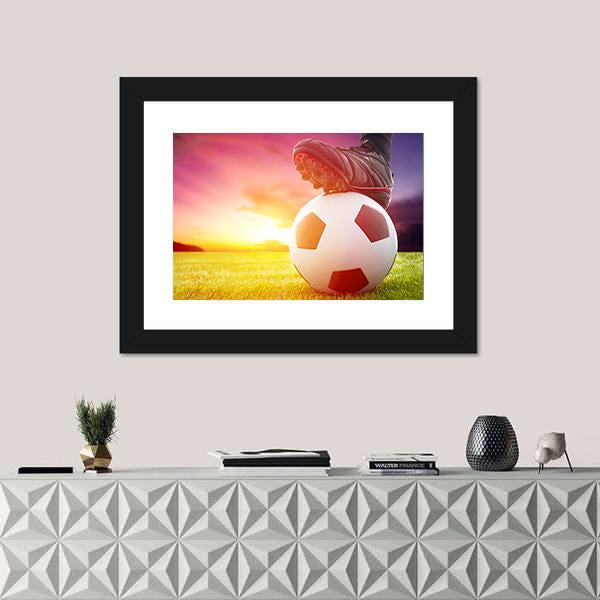 Soccer Ball At The Kickoff Of A Game With Sunset Canvas Wall Art-1 Piece-Framed Print-20&quot; x 16&quot;-Tiaracle