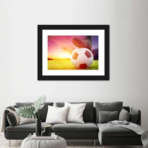 Soccer Ball At The Kickoff Of A Game With Sunset Canvas Wall Art-3 Horizontal-Gallery Wrap-25&quot; x 16&quot;-Tiaracle