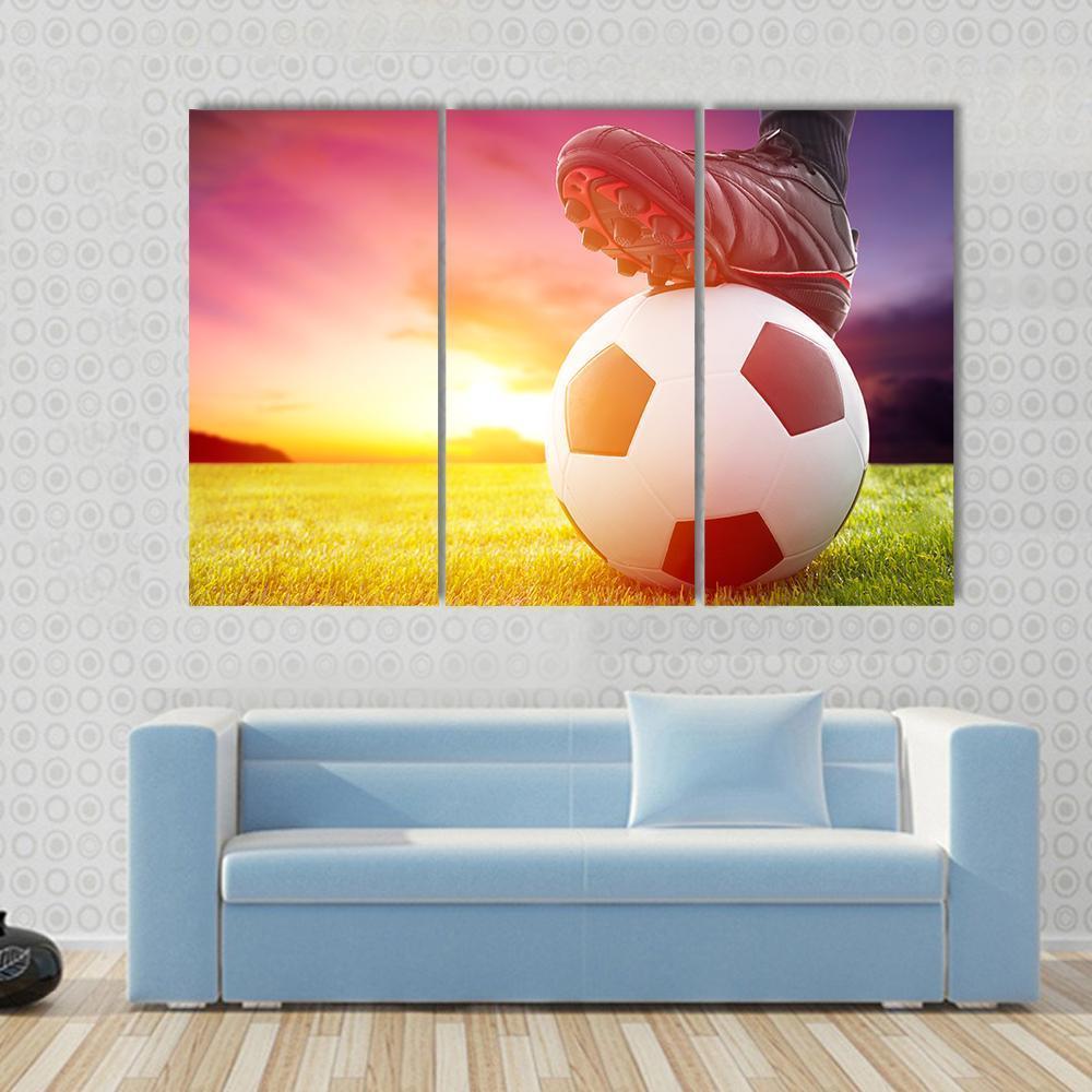Soccer Ball At The Kickoff Of A Game With Sunset Canvas Wall Art-3 Horizontal-Gallery Wrap-37&quot; x 24&quot;-Tiaracle