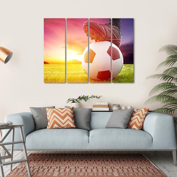 Soccer Ball At The Kickoff Of A Game With Sunset Canvas Wall Art-4 Horizontal-Gallery Wrap-34&quot; x 24&quot;-Tiaracle