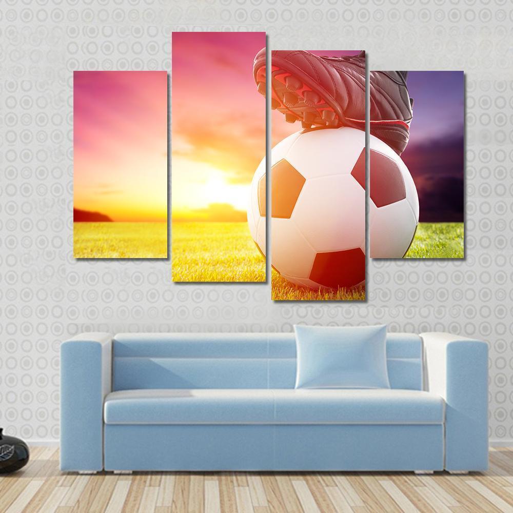 Soccer Ball At The Kickoff Of A Game With Sunset Canvas Wall Art-4 Pop-Gallery Wrap-50&quot; x 32&quot;-Tiaracle