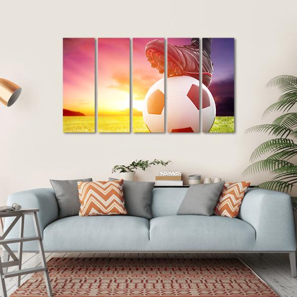 Soccer Ball At The Kickoff Of A Game With Sunset Canvas Wall Art-5 Horizontal-Gallery Wrap-22&quot; x 12&quot;-Tiaracle