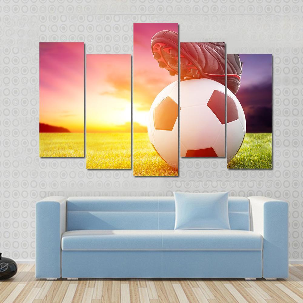Soccer Ball At The Kickoff Of A Game With Sunset Canvas Wall Art-1 Piece-Gallery Wrap-48" x 32"-Tiaracle