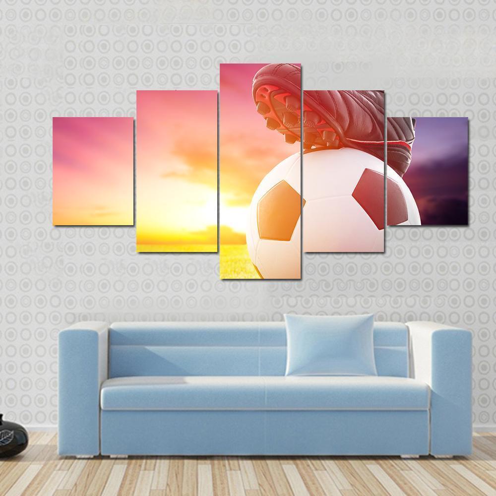 Soccer Ball At The Kickoff Of A Game With Sunset Canvas Wall Art-5 Star-Gallery Wrap-62&quot; x 32&quot;-Tiaracle