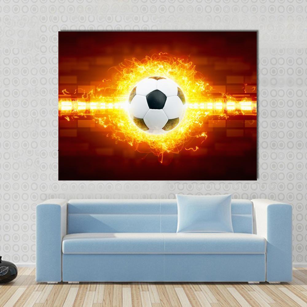 Soccer Ball In Fire Canvas Wall Art-4 Horizontal-Gallery Wrap-34" x 24"-Tiaracle