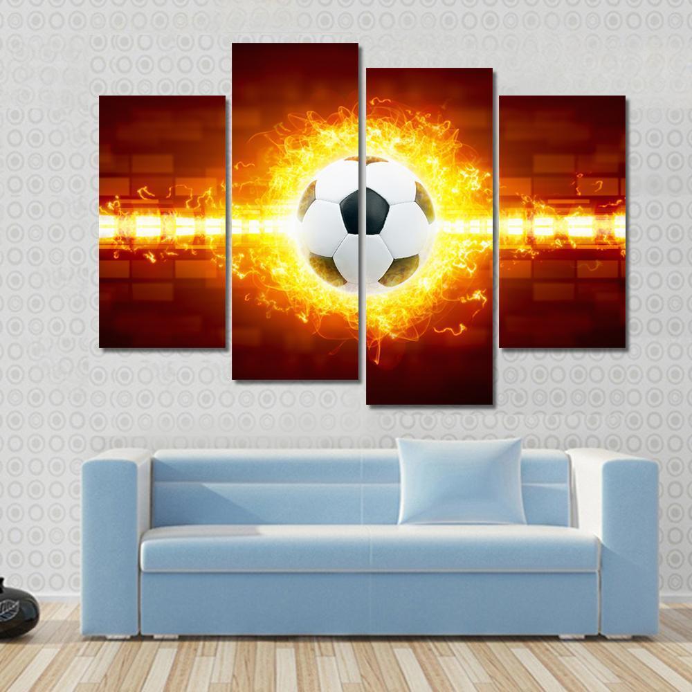Soccer Ball In Fire Canvas Wall Art-4 Pop-Gallery Wrap-50&quot; x 32&quot;-Tiaracle
