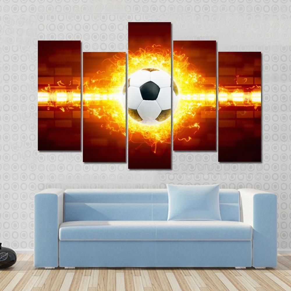 Soccer Ball In Fire Canvas Wall Art-5 Pop-Gallery Wrap-47&quot; x 32&quot;-Tiaracle