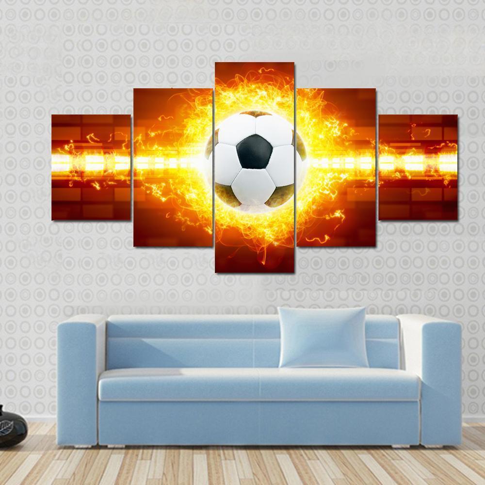 Soccer Ball In Fire Canvas Wall Art-5 Star-Gallery Wrap-62" x 32"-Tiaracle