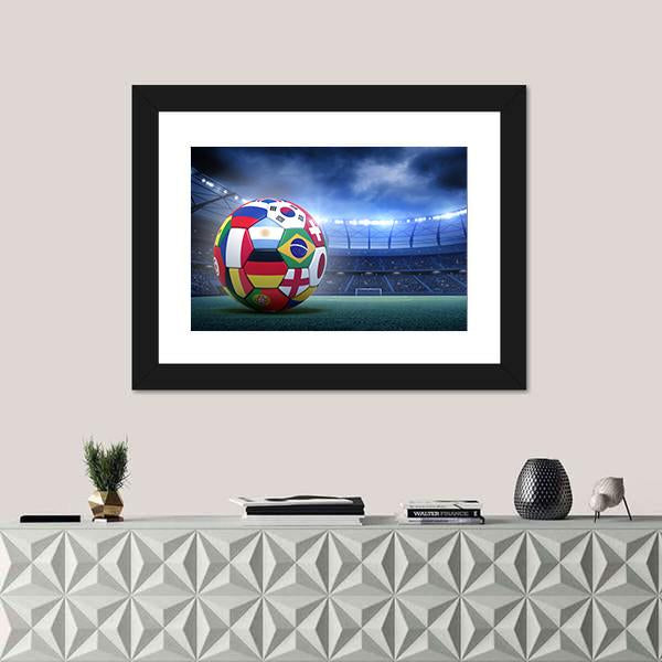 Flag-covered Soccer Ball in Stadium Canvas Wall Art in green, blue and multicolor, framed print, product view on a white background