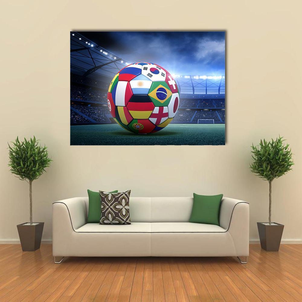 Flag-covered Soccer Ball in Stadium Canvas Wall Art in green, blue and multicolor, 5 panel Pop layout hung on a wall