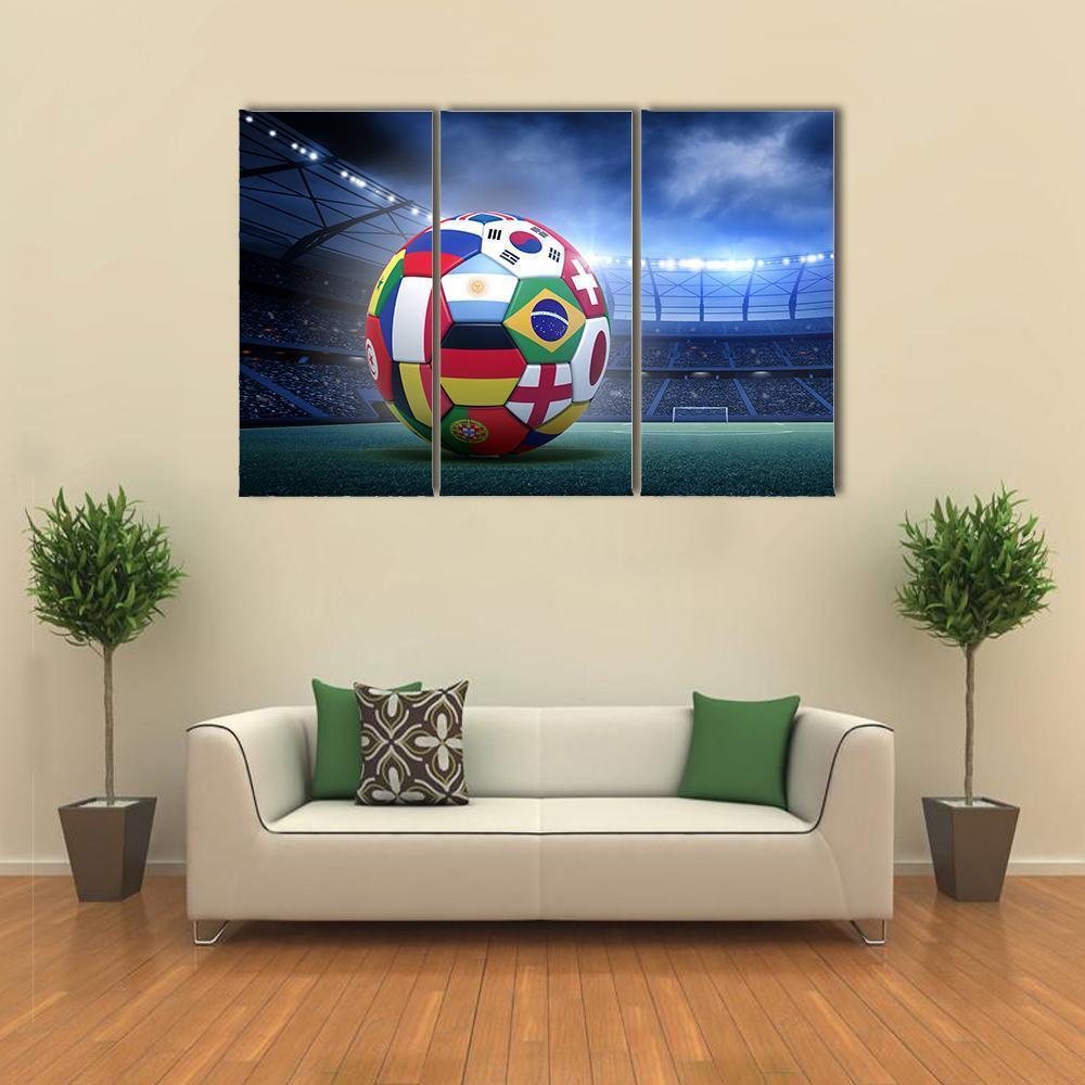 Flag-covered Soccer Ball in Stadium Canvas Wall Art in green, blue and multicolor, 5 panel Pop layout hung on a wall
