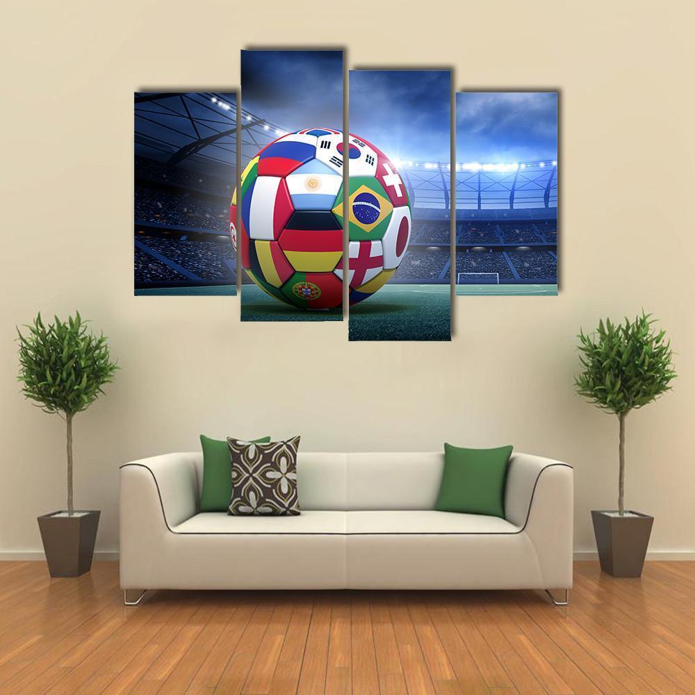Flag-covered Soccer Ball in Stadium Canvas Wall Art in green, blue and multicolor, 5 panel Pop layout hung on a wall