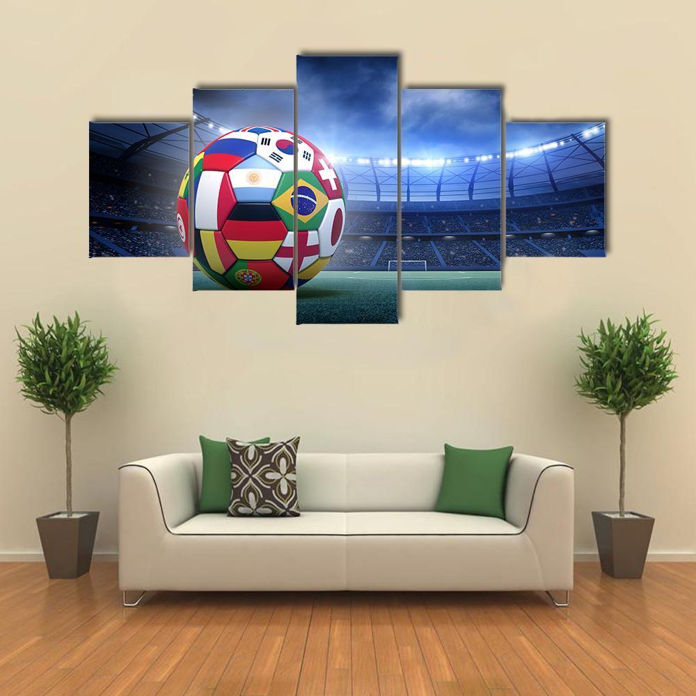 Flag-covered Soccer Ball in Stadium Canvas Wall Art in green, blue and multicolor, 5 panel Star layout hung on a wall