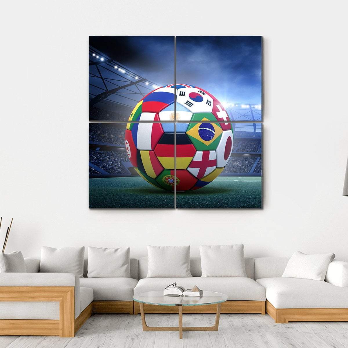 Soccer Ball with International Flags Canvas Wall Art in green, blue and multicolor, hung on a wall