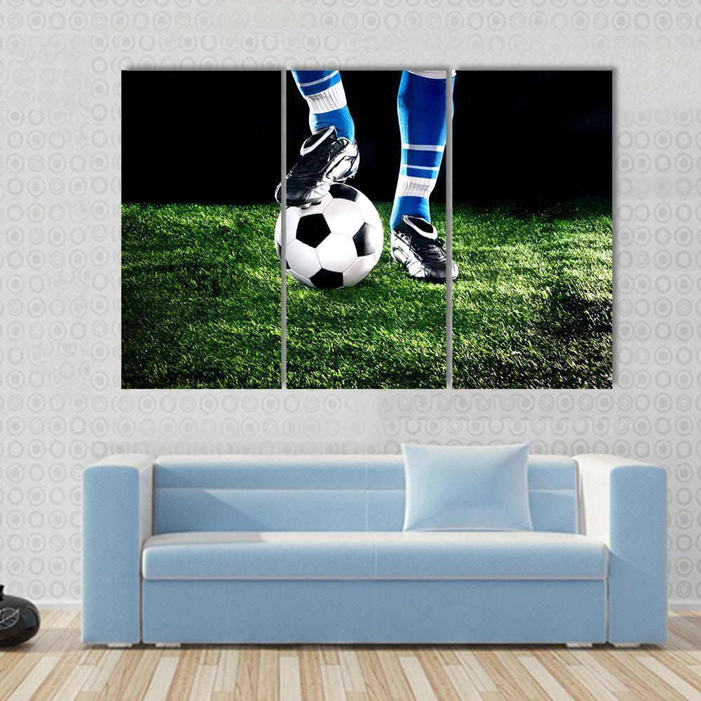 Soccer Ball and Player Canvas Wall Art in black, white and green, hung on a wall