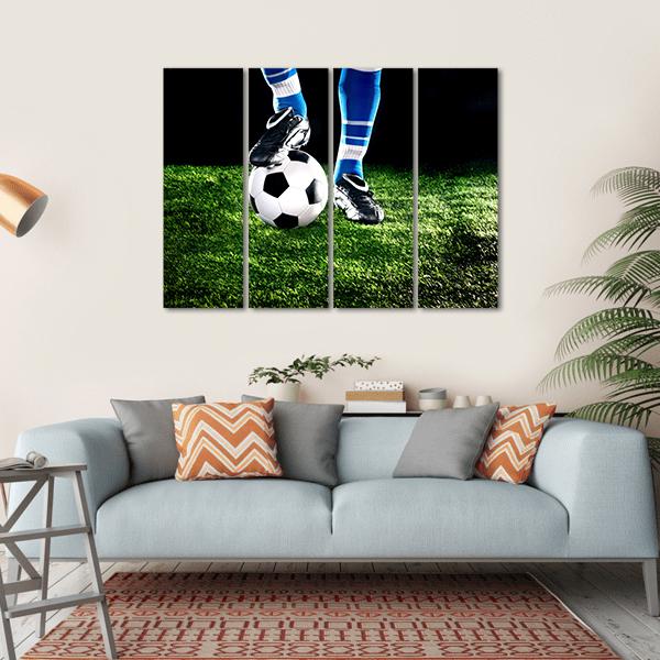 Soccer Ball With Player Feet On The Football Field Canvas Wall Art-4 Horizontal-Gallery Wrap-34&quot; x 24&quot;-Tiaracle