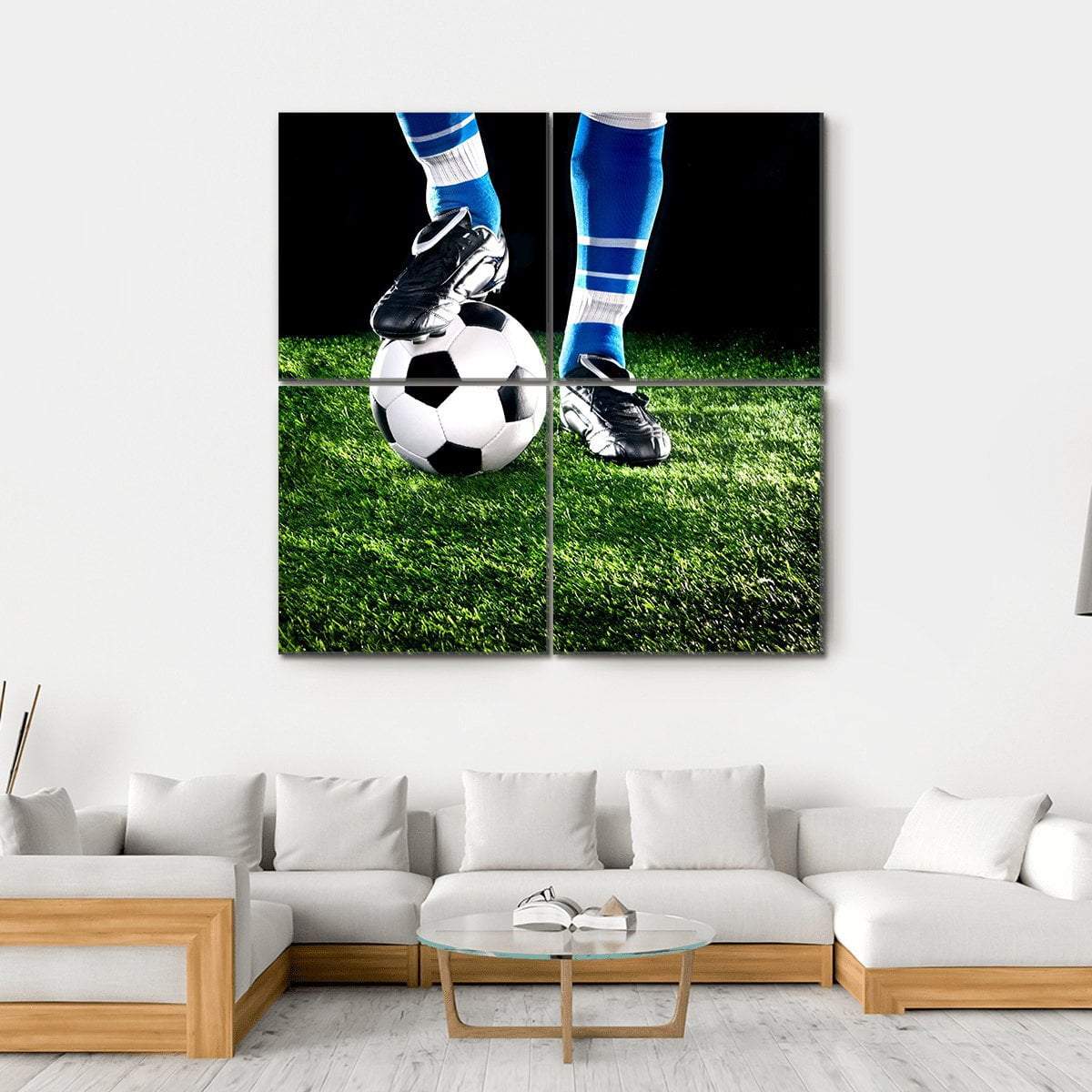 Soccer Ball With Player Feet On The Football Field Canvas Wall Art-4 Square-Gallery Wrap-17" x 17"-Tiaracle